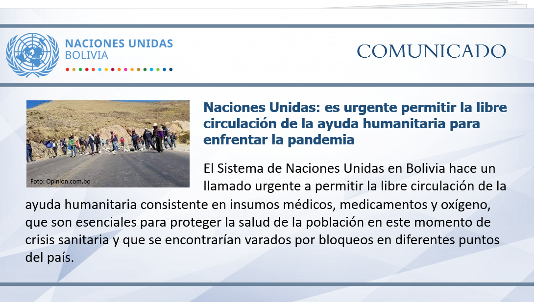 ONUBolivia's tweet photo. Naciones Unidas: es urgente permitir la libre circulación de la ayuda humanitaria para enfrentar la pandemia
El comunicado en: https://t.co/PSM5hlP54f
@ssottoli 
#DerechosHumanos #Salud #COVID19 #AyudaHumanitaria https://t.co/ySU8zYA3F3