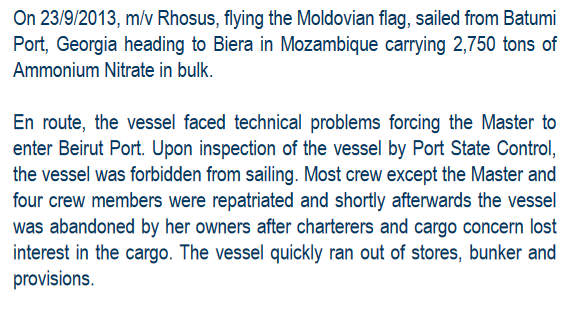 It is almost officially admitted by many sources in  #Lebanon about 2750 tons of seized  #AmmoniumNitrate are in the  #BeirutPort since 2013.In the following report found by  @Rim_Turkmani is a documentation about the Rhosus ship. https://shiparrested.com/wp-content/uploads/2016/02/The-Arrest-News-11th-issue.pdf