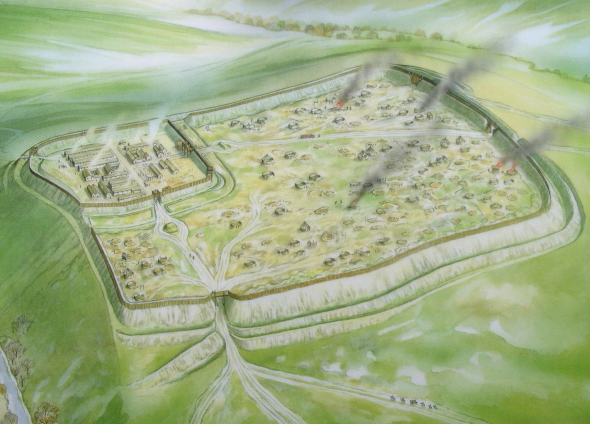 It was thought the Roman army built a fort on Hod Hill after laying siege to the Iron Age hillfort (as shown in this excellent reconstruction painting © Nick Skelton  @nationaltrust)Now it seems the hillfort was abandoned a good century before the Romans #HillfortsWednesday