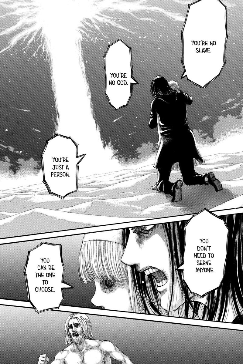 and then we already saw in chapter 121 that eren has freed ymir from being "a slave to her destiny."ring a bell yet?