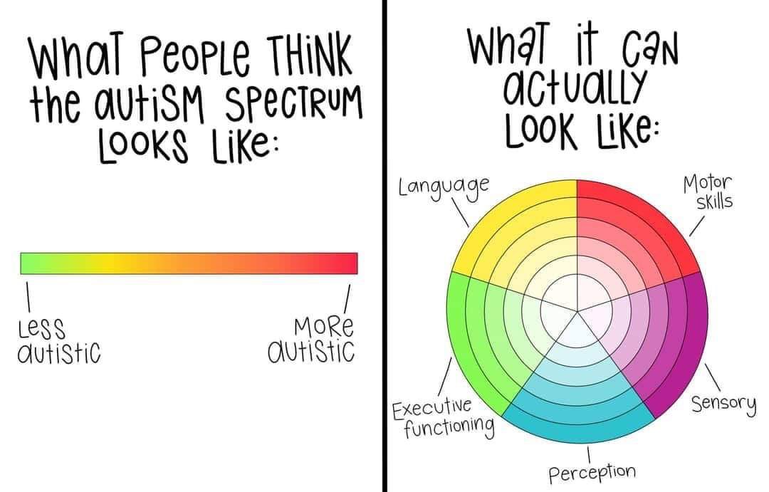 This is an excellent visual of the Autistic Spectrum by artist Rebecca Burgess. The spectrum definitely is not linear, or “mild to severe”  Us Autistics have a range of strengths & challenges in different areas that differ from person to person.  #Autism