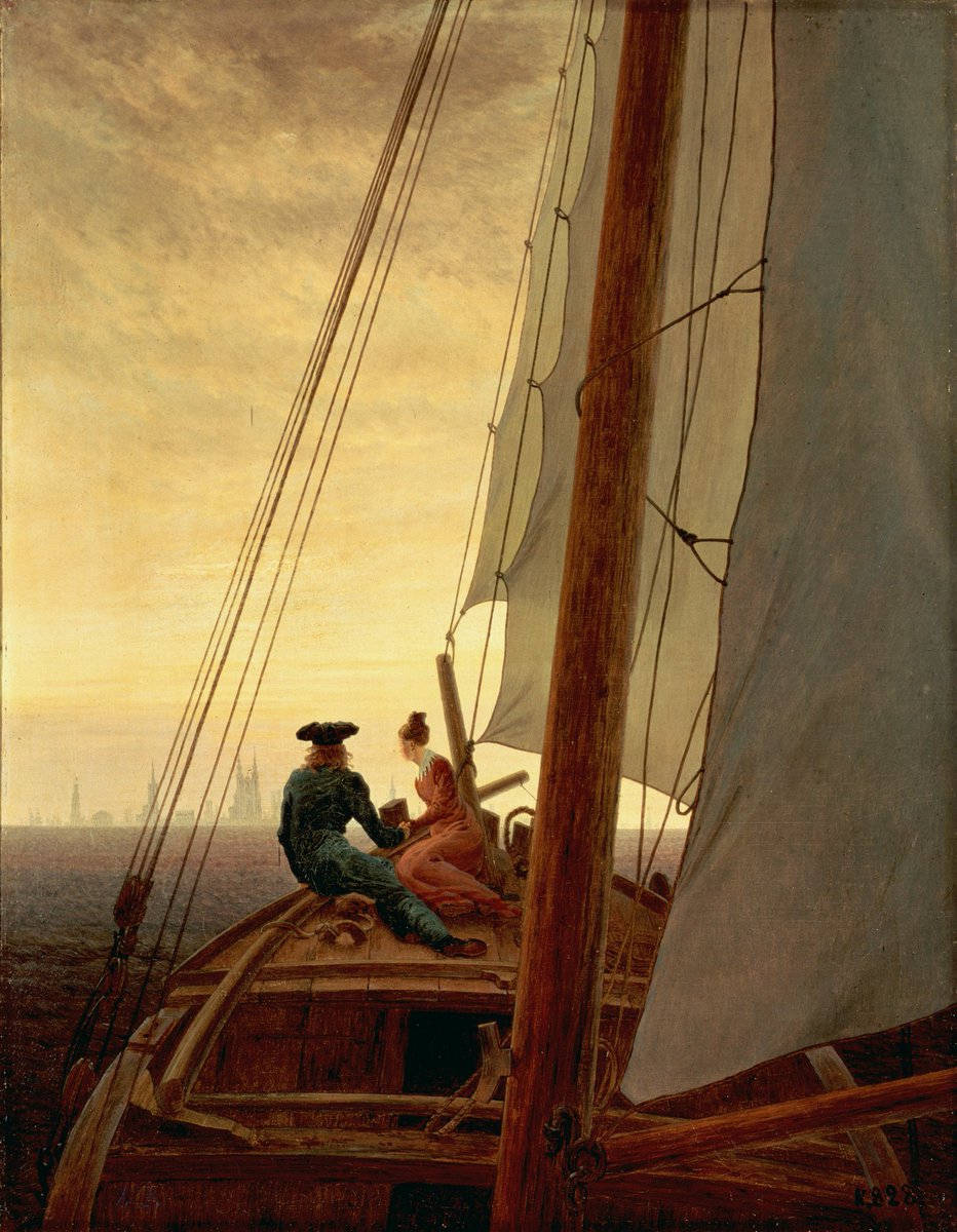 Das Licht, der Bildausschnitt, die Linien, die Komposition, die Farbe. Einfach mal länger wirken lassen, auch wenn es in unserer hastigen Zeit schwer fällt. Caspar David Friedrich malte "Auf dem Segler" um 1819 und schuf im Grunde auch ein Bild über die Malerei selbst.