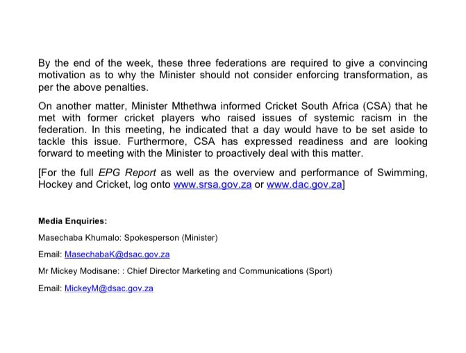SportArtsCultur's tweet photo. MEDIA STATEMENT: Minister @NathiMthethwaSA met with the Swimming, Hockey and Cricket national Federations today, where the Eminent Person's Group (EPG) presented its report to each code.  #EPGReport #TransformationinSport #EquityinSASport https://t.co/wTm2suvr4E
