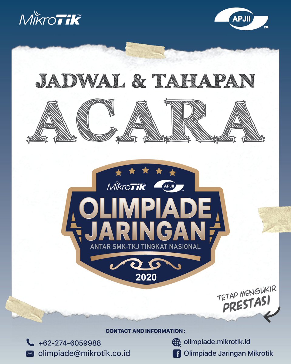 mikrotik_id's tweet photo. Tahap 1 Olimpiade Jaringan Mikrotik-APJII 2020
1. Registrasi
2. Pengumpulan Karya
Batas waktu 1-31 Agustus 2020 dengan batas terakhir upload 31 Agustus 2020 jam 12:00 WIB.
Info lengkap:
https://t.co/DumiGEjxL0
#OLJAR #OJM2020 #Mikrotik #APJII #SMK #TKJ #SIJA #Citraweb #CST https://t.co/rGJ14uerkG