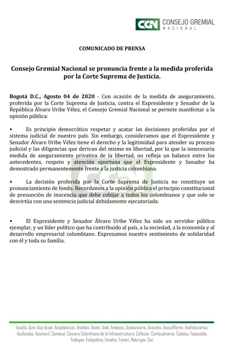 ConsejoGremial's tweet image. #Comunicado I Consejo Gremial Nacional se pronuncia frente a la medida proferida por la Corte Suprema de Justicia bit.ly/33qZgMI