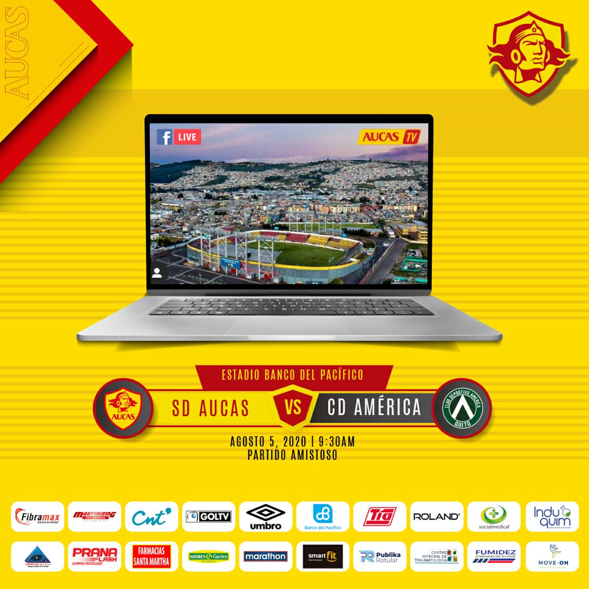 Aucas45's tweet photo. ¡HINCHA ORIENTAL! Mañana no hay excusa para no ver a Papá. Desde las 09h30 estaremos en vivo con el partido entre SD Aucas y CD América. No te lo pierdas en todas nuestra App, Web y FB Live. 💛❤️ #Aucas2020  Foto Estadio: Quito360 https://t.co/eWGujLpxvH