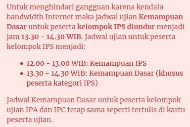 SIMAK_UI's tweet photo. Jadwal ujian Kelompok IPS diundur menjadi:

Kemampuan IPS 12:00 - 13:00
Kemampuan Dasar 13:30 - 14:30

Peserta baru bisa log in 15 menit sebelum jadwal ujian https://t.co/tRoLZgxx4d
