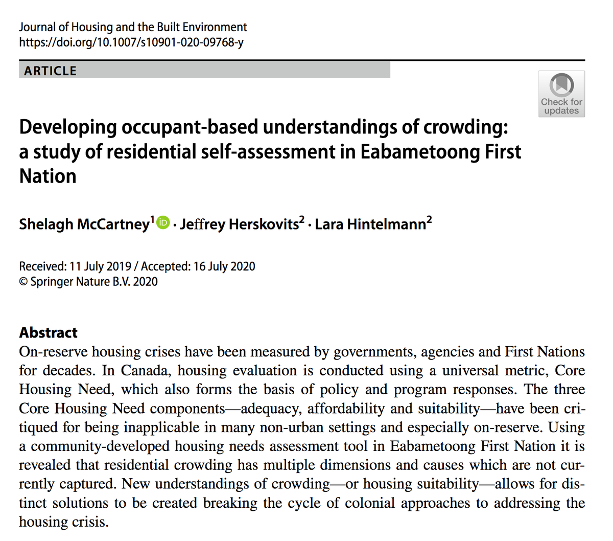 shelaghmccart's tweet photo. Recently "Developing occupant-based understandings of crowding: a study of residential self-assessment in Eabametoong First Nation" was published in Journal of Housing and the Built Environment @togetherlab 
https://t.co/aaxb50GawI @RYSURP @NANComms @RyersonResearch @RyersonFCS https://t.co/1FboE4PKHw