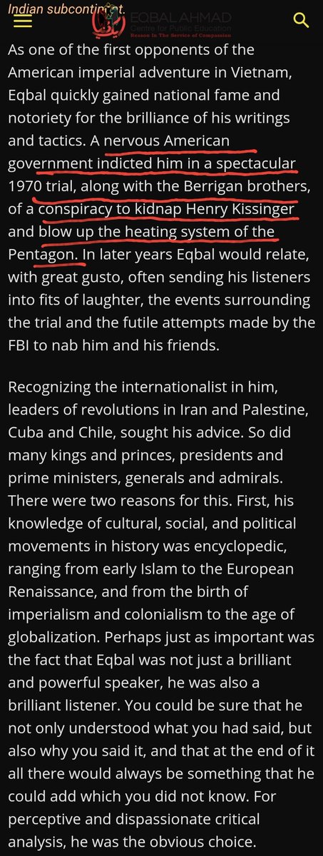 Zulfiqar Ahmad's uncle is Pakistani left-wing intellectual activist Eqbal Ahmad, who moved to US in the 1950s from Pakistan, was vocal about Palestanian rights. He was indicted in the 1970 trial of conspiracy to kidnap Henry Kissinger + bom Pentagon https://eacpe.org/eqbal-ahmed-the-man-who-inspired-a-generation/