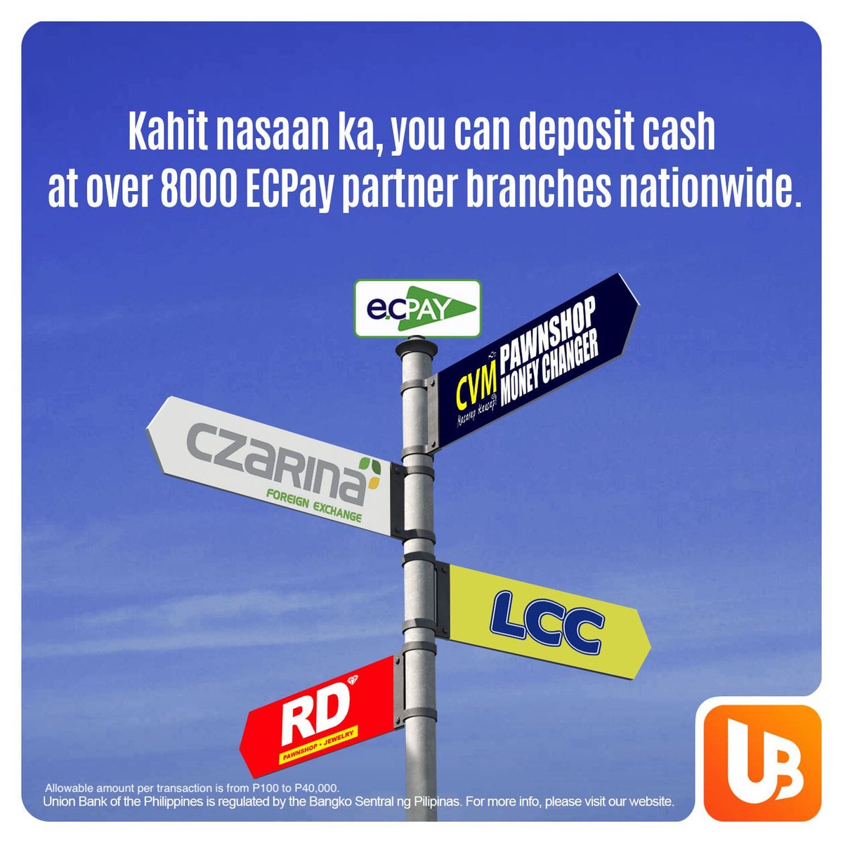 unionbankph's tweet photo. Where ever you are, you can deposit cash to your UB account at any of the 8000+ ECPay partner branches nationwide (CVM Pawnshop, RD Pawnshop, Czarina Foreign Exchange, LCC Mall, and more).  
DL the app and open an account 
https://t.co/zXBj7uZt4q
#BankTheWayYouLive https://t.co/ThzMPN4CvJ