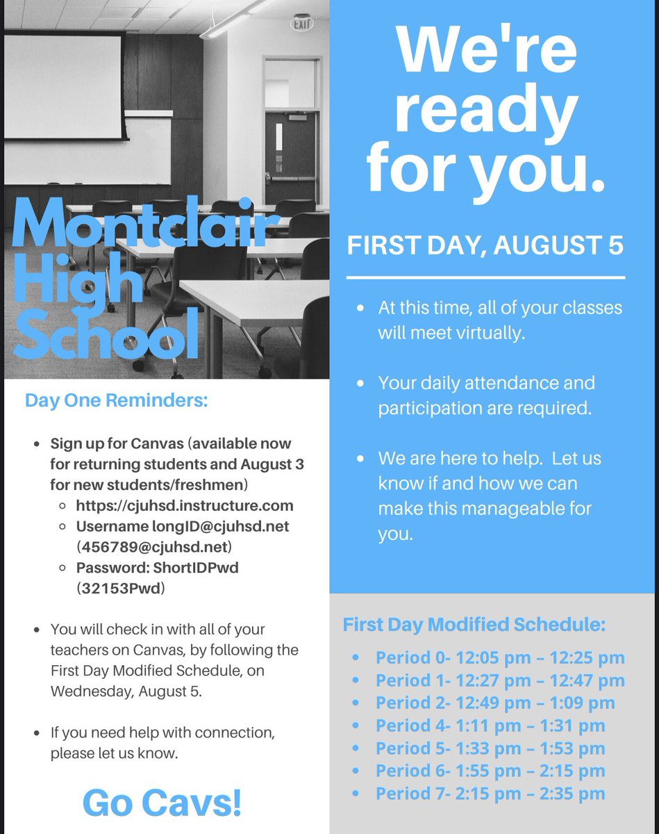 MontclairCavs's tweet image. Cavaliers, tomorrow is the big day! We can’t wait to see you and your smiling faces, via Zoom of course. 😉Make sure you log into Canvas to check into your class following the schedule below.