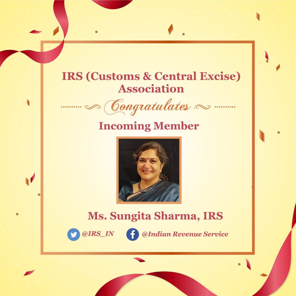 IRS (Customs &amp; Central Excise) Association congratulates incoming <a href="/cbic_india/">CBIC</a> Board Member Smt. Sungita Sharma.
