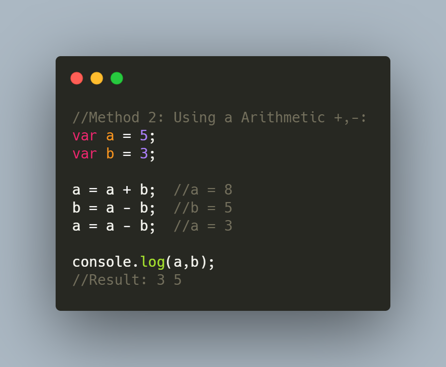Idea is simple, get the sum of the two numbers. The numbers can then be swapped by subtracting from the sum.  #simple But wait, there's more... #100DaysOfCode  #Swap  #codinglife
