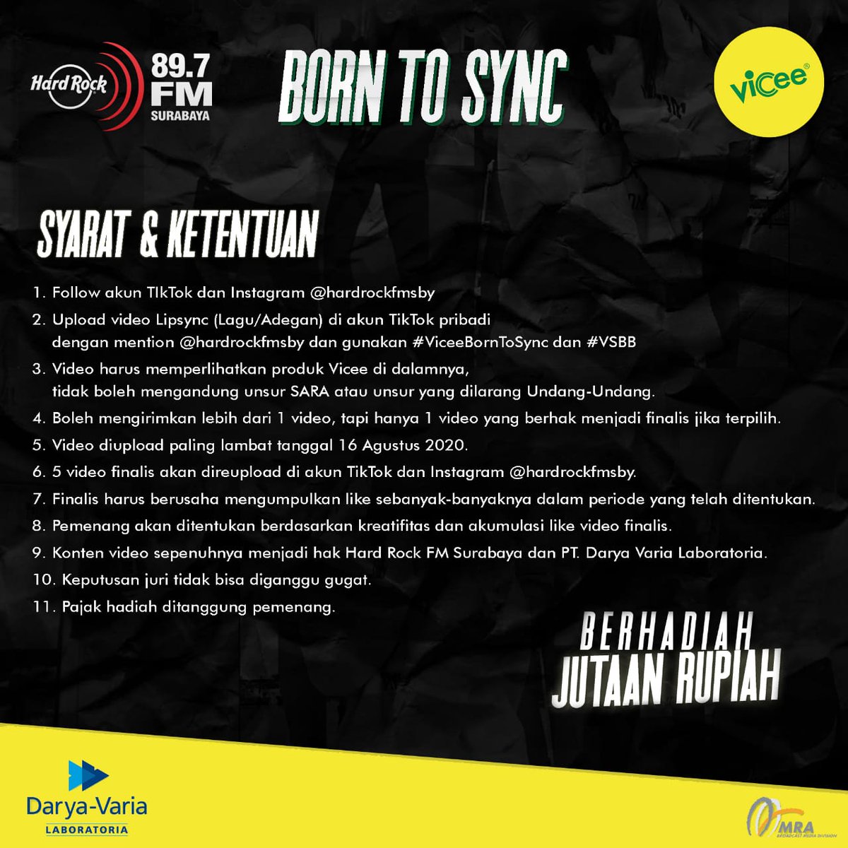 HRFMSurabaya's tweet photo. Berani LipSync! Berani ikutan Vicee Born To Sync!
Menangin hadiah Jutaan Rupiah dan semangat menjalani hari bersama Vicee!
Buruan follow akun TikTok dan Instagram @HARDROCKFMSBY dan jadilah pemenangnya.
#ViceeBornToSync
#VSBB
#HardRockFMSby https://t.co/N5SuVgR6o1