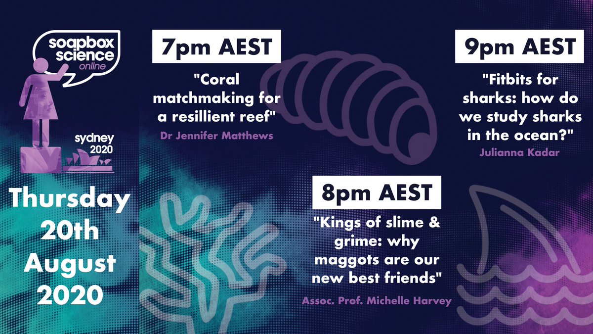 We are #LiveStreaming in 15 minutes! with our 4th night of talks covering maggots, sharks and coral reefs

Join <a href="/tinyscientist/">Jennifer Matthews</a>, <a href="/MaggotsMatter/">Michelle Harvey</a> &amp; <a href="/jpkadar/">Julianna Kadar</a> via #Zoom: 

us02web.zoom.us/j/89298756342

#SoapboxSydney @soapboxscience <a href="/Aus_ScienceWeek/">NationalScienceWeek</a> <a href="/UTS_Science/">UTS Science</a> <a href="/Deakin/">Deakin University</a> <a href="/Macquarie_Uni/">Macquarie University</a>