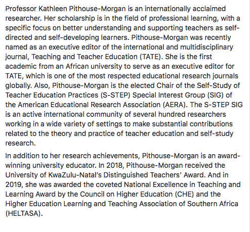 UKZN's tweet photo. Today we celebrate our leading woman, Professor Kathleen Pithouse-Morgan.

#UKZNwomenInspire #WomensMonth https://t.co/Pg3GIcSX0r