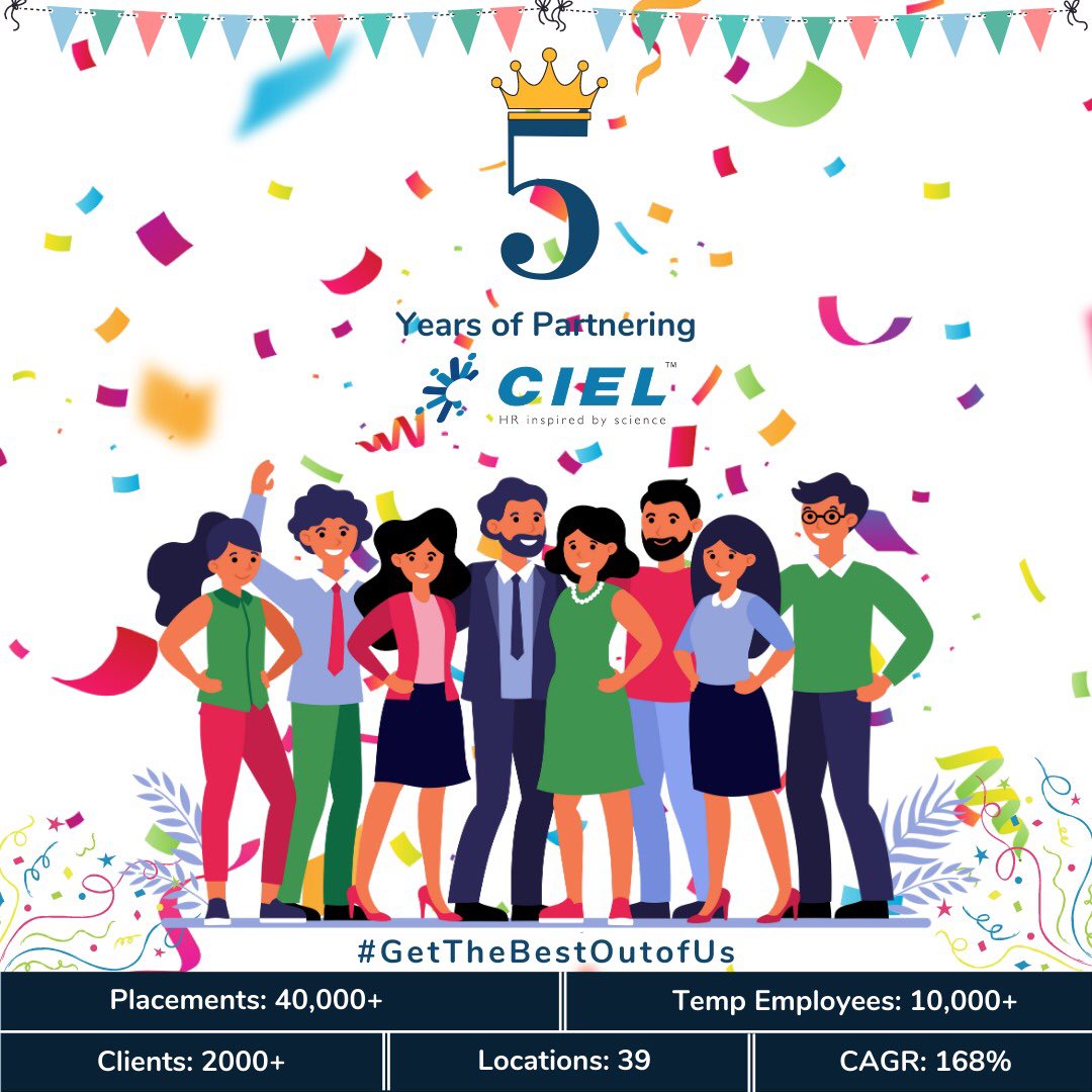 SubhamB74016401's tweet photo. 5 years ago on this day, CIEL HR was born! In these 5 years, we have evolved from just a few members who started this to a successful company with amazing clients, sincere deputees and strong business partners;  Thank you for being part of our company's success over the years. https://t.co/llklxVYJD4