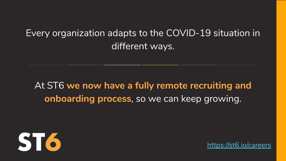Wanna join the tribe? We’re recruiting at st6.io/careers/

#covid19 #remotework #surviving #thriving #remoterecruiting #remoteonboarding #recruiting #applynow #careers