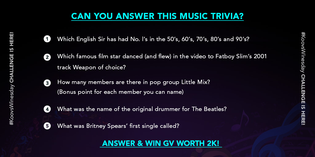 mykoovs's tweet image. #KoovsWinesday Challenge is here! ❤️ Participate by correctly answering this music trivia and get a chance to win GV worth 2K. 😍

T&amp;amp;C:
1. 2 lucky winners will get 2K GV each.
2. Contest duration is from 5th to 6th August 2020.
.
#koovs #contestalert #contestchallenge