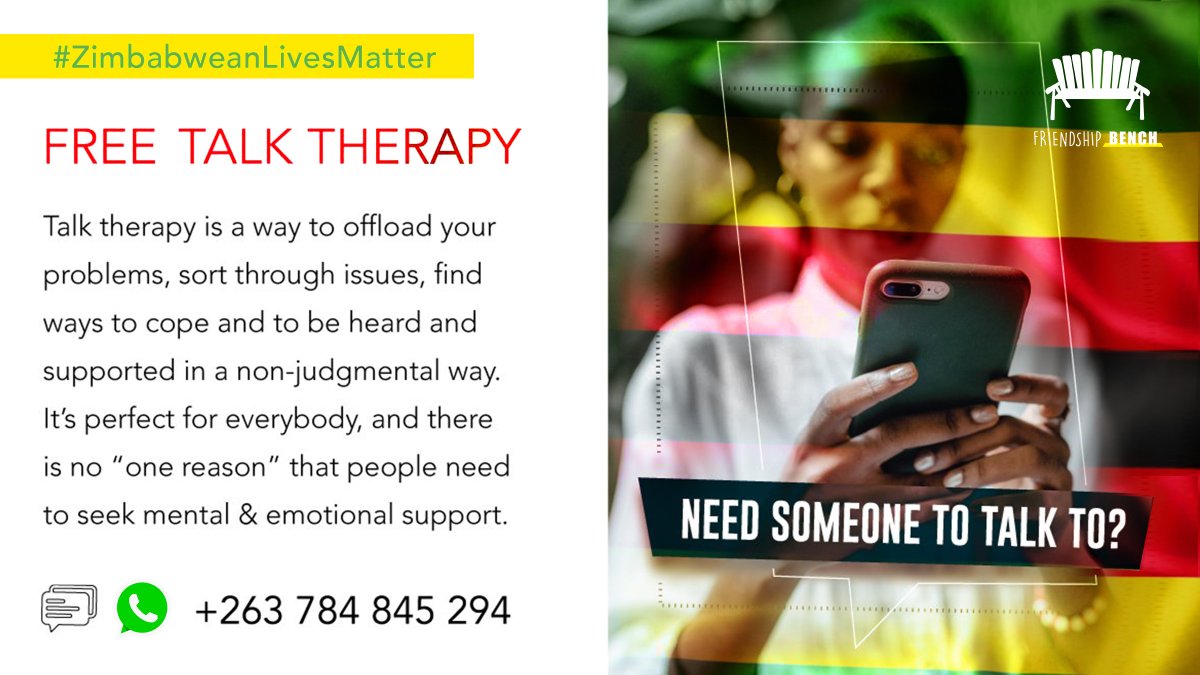friendshipbench's tweet image. Here for all #Zimbabweans. Free mental health care online. Call, message or WhatsApp 📲+263 784 845 294 for support from a trained peer counsellor.  Please share, let people know there is help. #NotAlone #ZimbabweansTogether

#ZimbabweanLivesMatter #Covid19Zim #Zimbabwe 🇿🇼