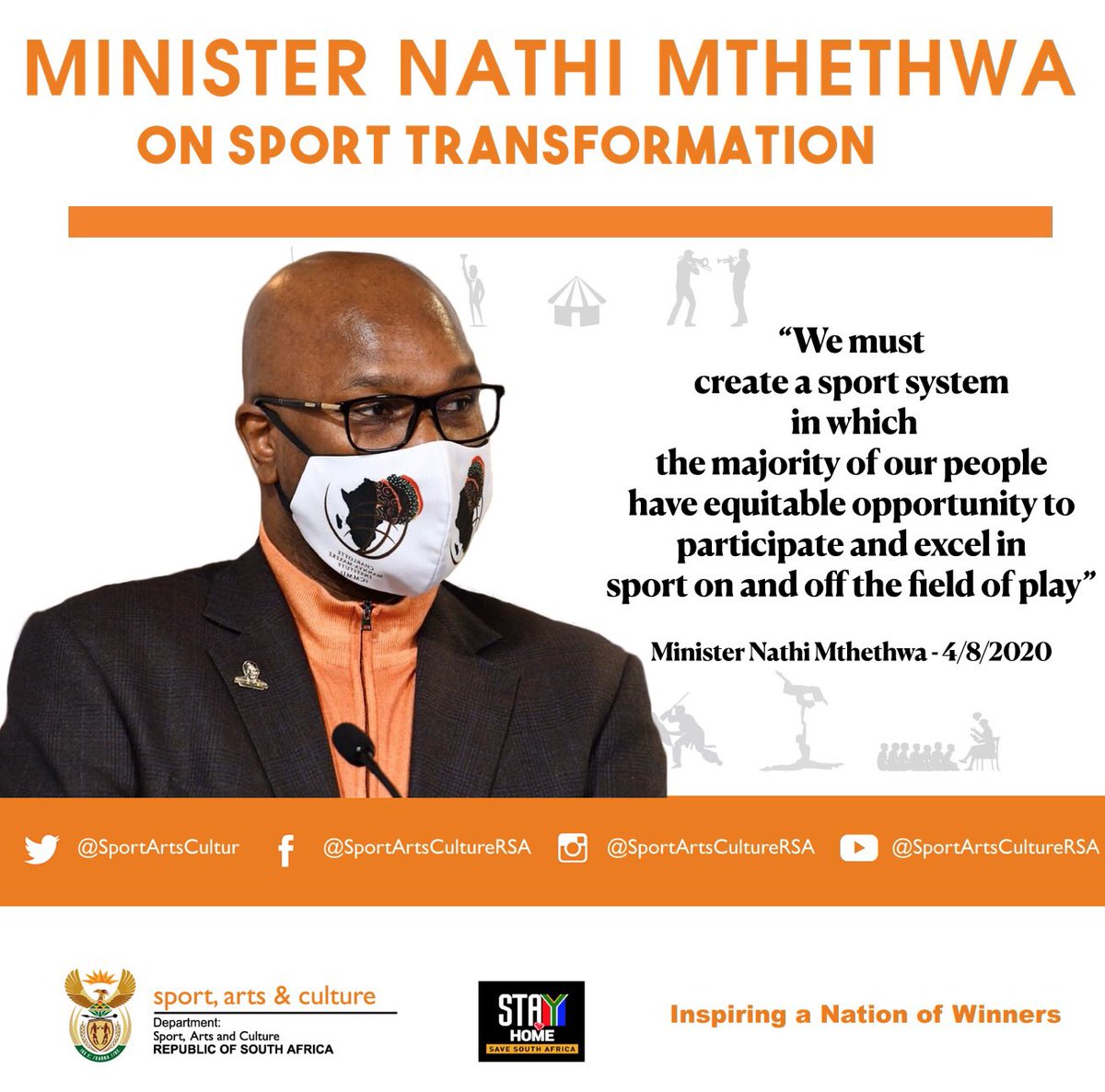SportArtsCultur's tweet photo. “We must create a sport system in which the majority of our people have equitable opportunity to participate and excel in sport on and off the field of play.” Min. @NathiMthethwaSA #EPGReport #TransformationinSport #EquityinSASport #SportQuote #quoteoftheday https://t.co/EeAY2mVOI5