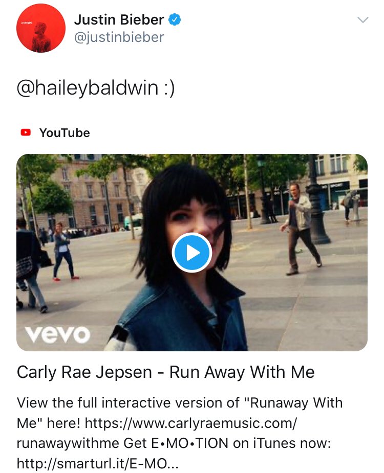 4/01/2016: Justin pública un tweet de una cancion de CRJ mencionando a Hailey.Escuchen esa canción xfaor pq es arte pura