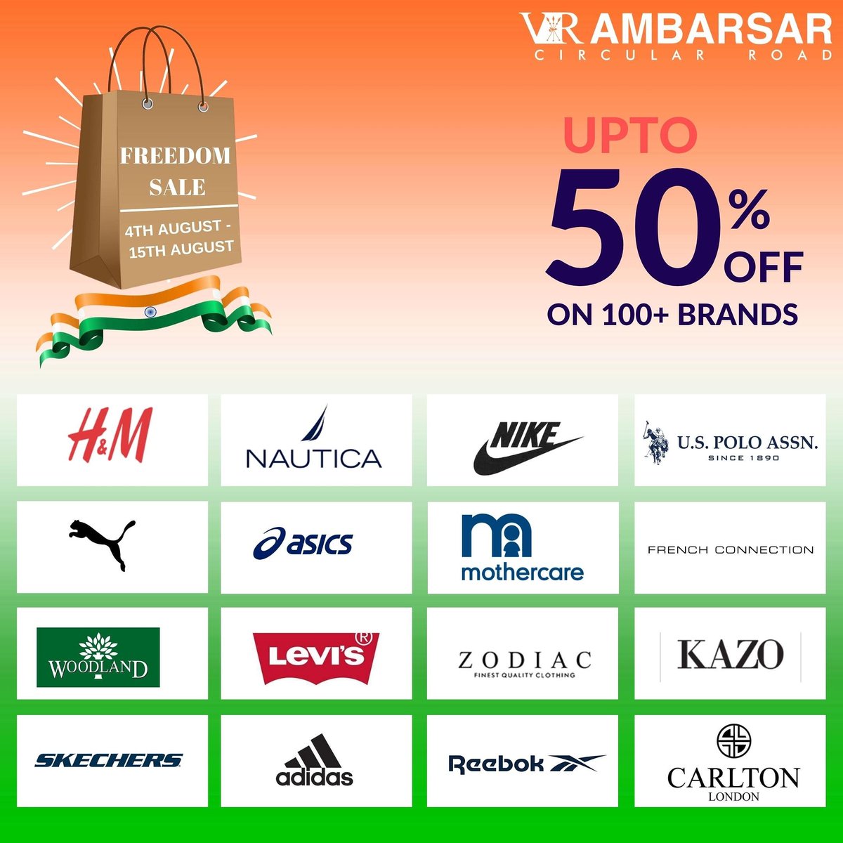 vrambarsar's tweet photo. This #IndependenceDay shop your way to freedom! Come enjoy Upto 50% off on 100 + brands from 4th Aug - 15th Aug at #vrambarsar. Shop from #HM #Nautica #nike #uspolo #puma #asics #woodland #levis #zodiac and lots more! Shop Now!
#shopping #sale #Celebrations
#amritsar #Punjab https://t.co/FQFcjTQIfI