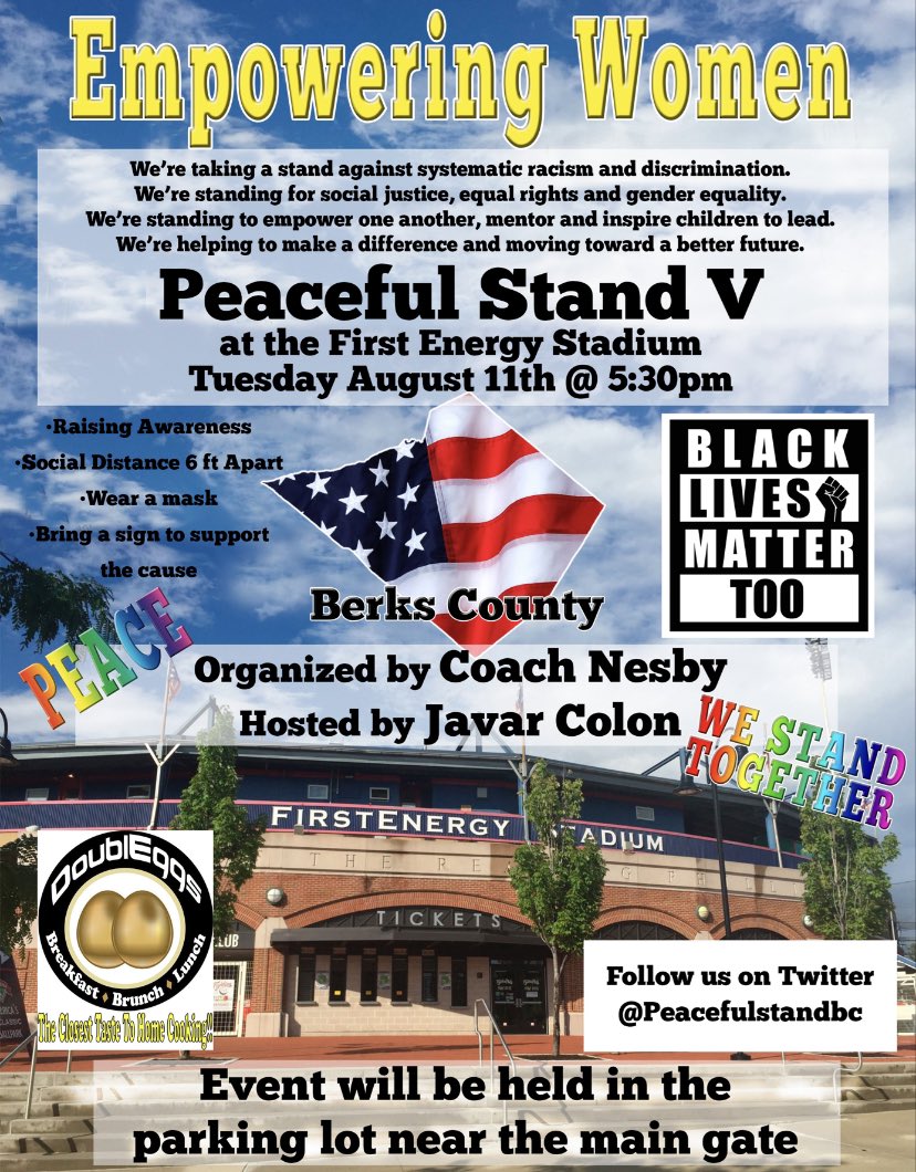 “Peaceful Stand V” Come out August 11th at 5:30pm and support our Peaceful Stand event. Empowering women’s to have a voice. “BE THE CHANGE” <a href="/ILuvCali78/">Lu</a>  <a href="/MButler49498555/">M.E. Butler</a> @john_mw23 <a href="/AlFutrick/">Dr. Alan Futrick</a> <a href="/JMacharola/">Dr. Joseph Macharola</a> <a href="/MDrago59/">Mike Drago</a> <a href="/kaj33/">Kareem Abdul-Jabbar</a> @BeatBerks <a href="/WyoAreaSD/">Wyomissing Area SD</a> <a href="/WillieCphotos/">Willie Copeland</a> <a href="/WilsonBoysHoops/">Wilson Bulldogs Boys Basketball</a>