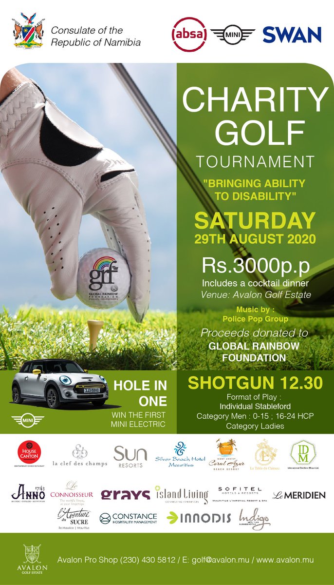 Join us for the Charity Golf Tournament "Bring Ability To Disability" by the Consulate of the Republic of Namibia on Saturday, 29th August 2020 at Avalon Golf Estate.

All details are on the poster.

Price: Rs 3,000 p.p 

Contact us
T: +230 430 5812
E: golf@avalon.mu