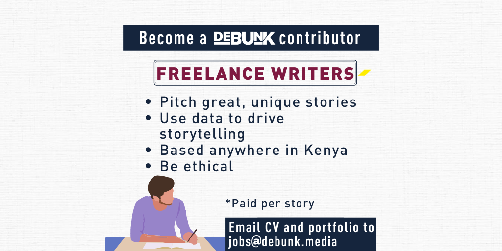 debunkdotmedia's tweet photo. We are looking for contributors. You can work from home and be based anywhere in Kenya. 

#IkoKaziKE #IkoKaziDebunk https://t.co/ooSqHZVeRH