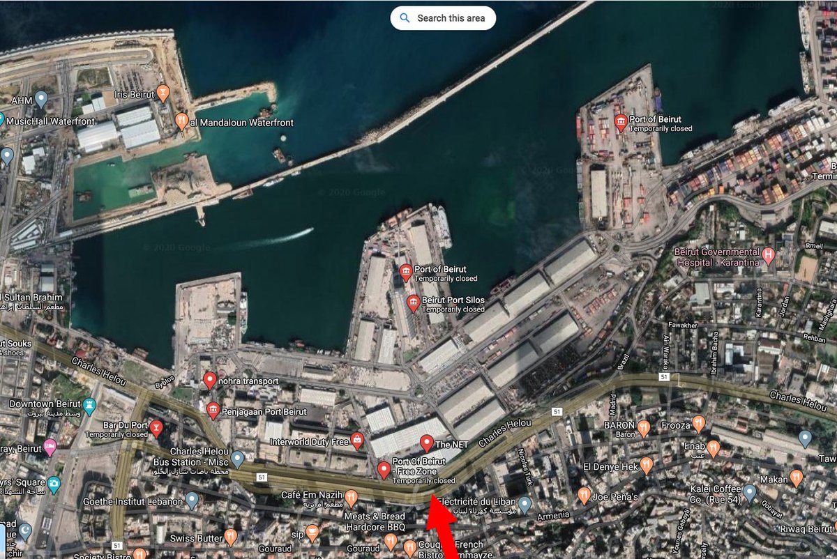 The guy in the car was here (red arrow).The vast majority of the port infrastructure survived.