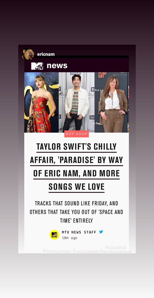 200801 Young K reposting Eric's instagram story of an article, which also included "Illicit Affairs" from Taylor's latest album folklore, as a song recommendation
