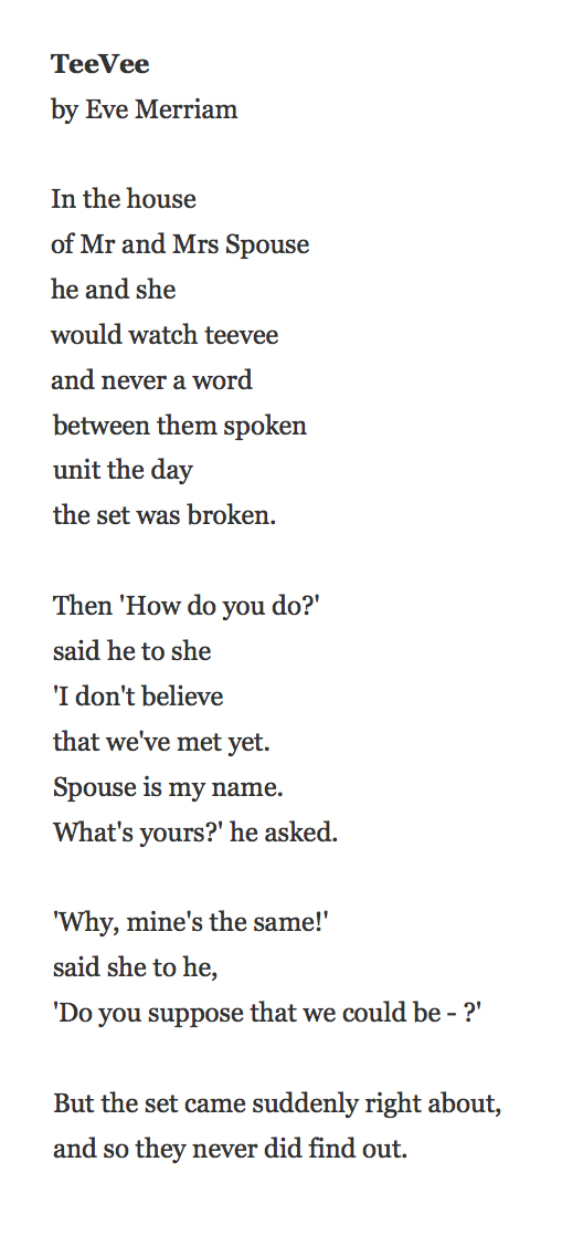 Samuel West Di Twitter 431 Teevee By Eve Merriam Read By Emma Fielding Emmagafielding Https T Co Huzdzmg0ht Pandemicpoems