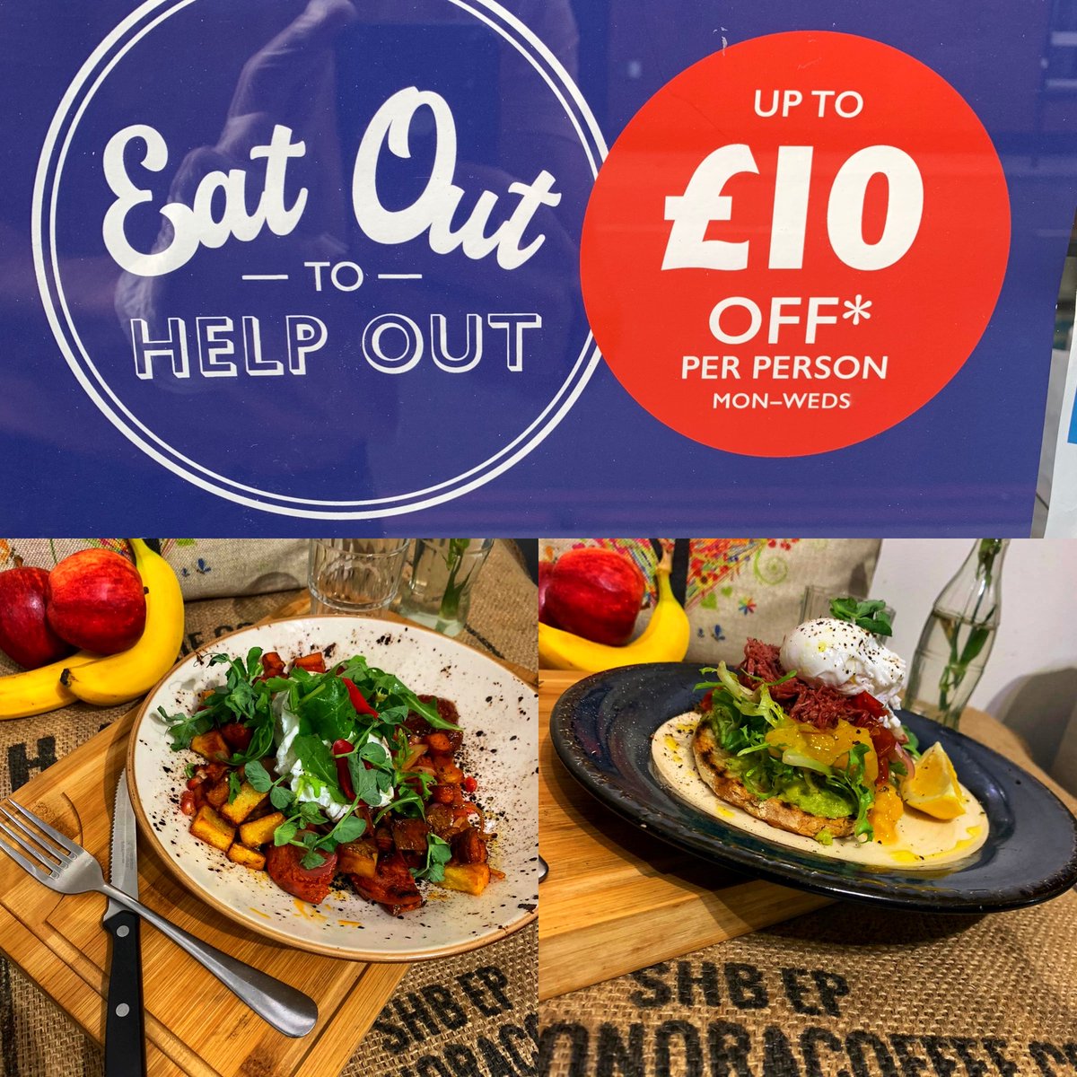 GreenMonkeyLDN's tweet photo. Eat out to help out! What a way to get over that mid week hump! When you dine in with us today you will receive a 50% discount on EVERYTHING of up to £10!! All that deliciousness! #eatouttohelpout #yummy #getinmabelly #wednesday #greenmonkeyldn https://t.co/xTUHl9wmwg