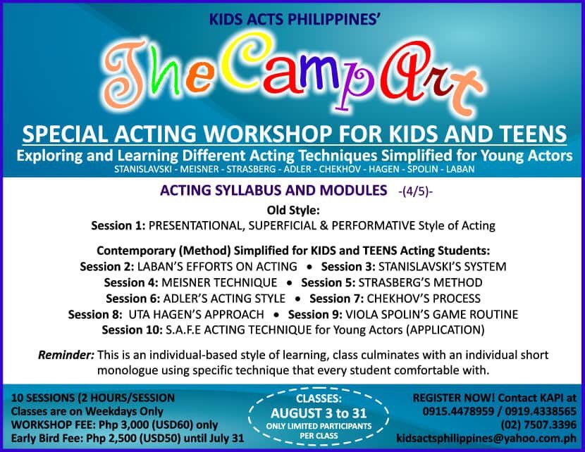 KidsActs's tweet photo. #Online #Acting #Workshop! 🎭
📱 +63 915 447 8959
☎️ (+632) 7507-3396
💻 kidsactsphilippines@yahoo.com.ph
#KidsActsPhilippines
#ActingWorkshop
#ActingTechniques
#Stanislavski
#Meisner
#Strasberg
#Adler
#Chekhov
#Hagen
#Spolin
#Laban
#SAFEActingTechnique
#LuigiNacario
#KAPI2020 https://t.co/F9fyEULfue