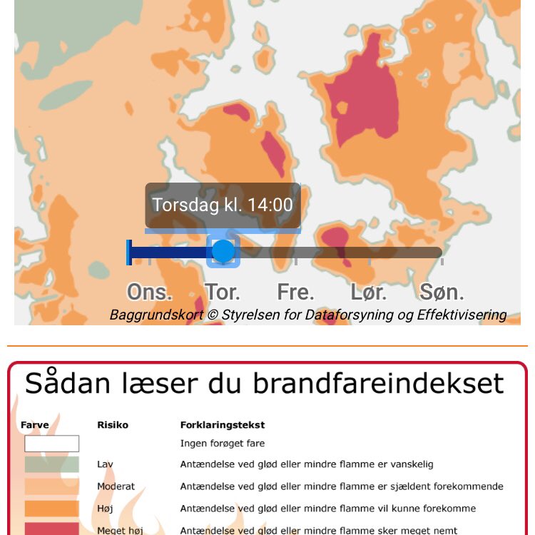 BRSdk's tweet photo. Det bliver varmt derude - ja, faktisk varsler @dmidk landsdækkende #varmebølge 😓. #Brandfareindeks’et stiger de kommende dage til ❗️Meget Højt ♨️ flere steder i landet. Følg situationen 👉🏼 https://t.co/8t3DkidK60 https://t.co/7I2pubdmW2