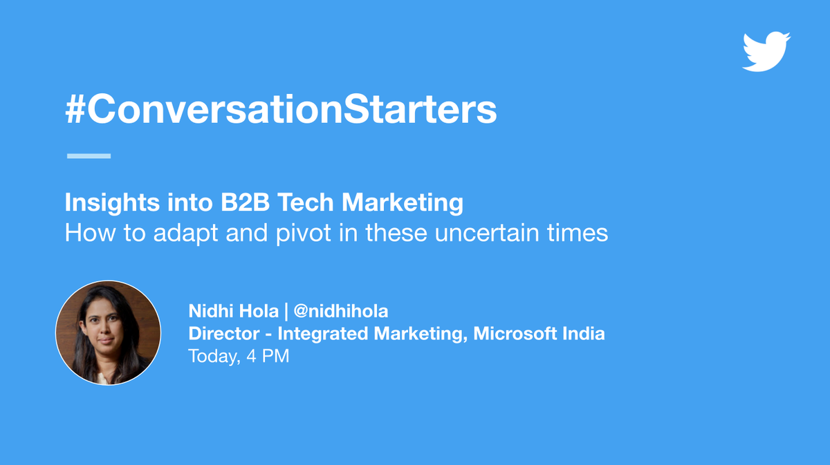 MarketingIN's tweet photo. 🎙Join us at 4 PM today for Ep. 7 of #ConversationStarters, with Nidhi Hola, Director - Integrated Marketing, @MicrosoftIndia. Learn more about:

✅ Future of Tech B2B
✅ Digital Transformation
✅ Brand Marketing vs Performance Marketing

You wouldn't want to miss this. https://t.co/v4bsf9aw5p
