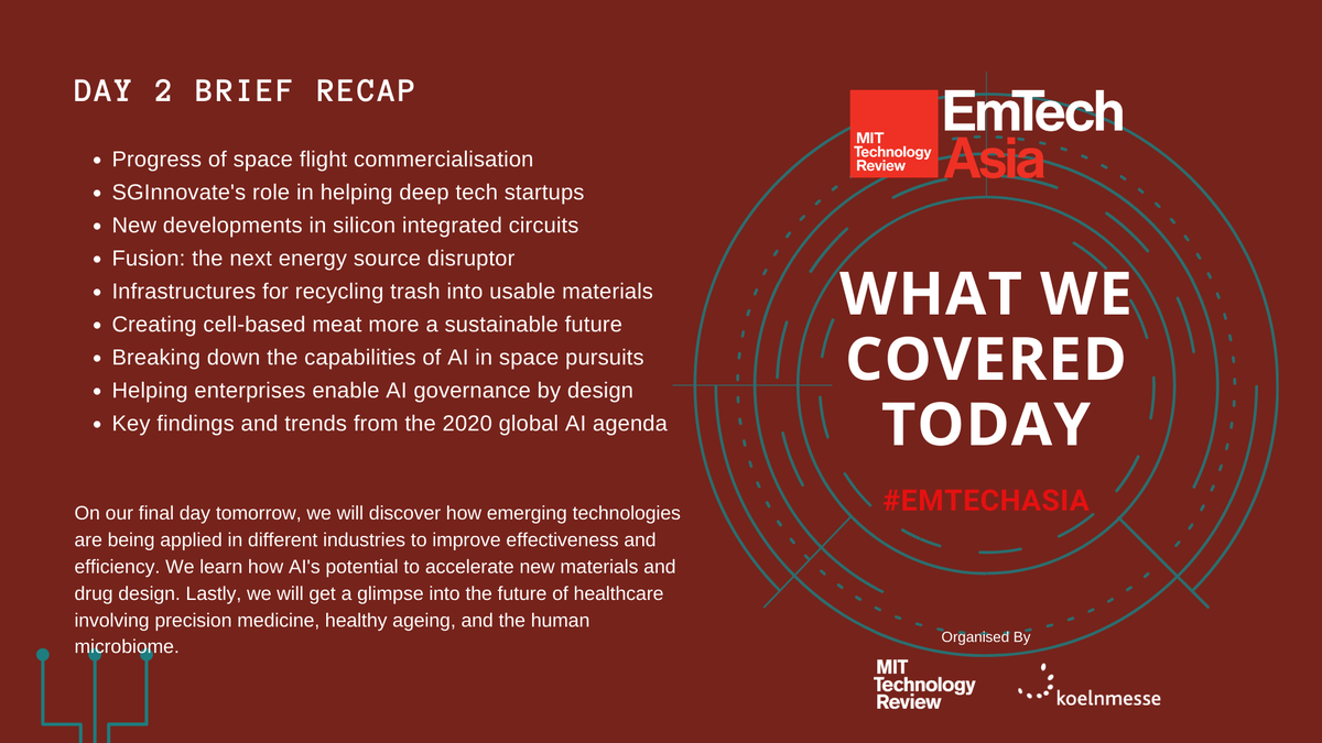 Virtual hugs from Day 2 of #EmTechAsia! We had an extremely buzzing chat and we hope all delegates took back some pretty out of this world information. Here's a brief recap of what we discussed today.

Tomorrow, we'll go into the future of healthcare and robotics.
