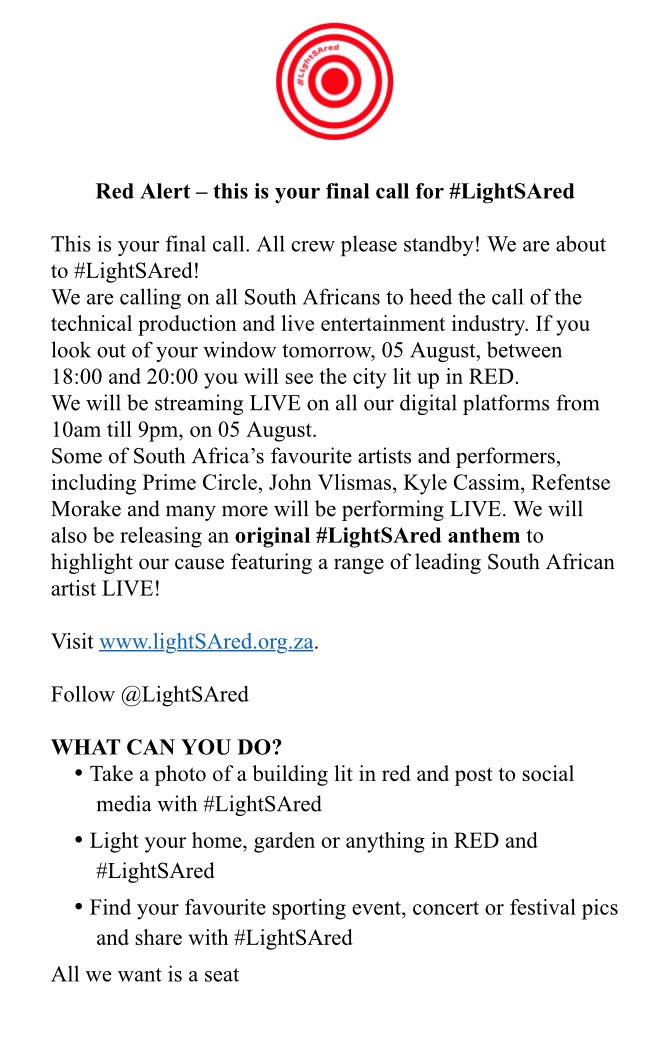 MartinMyers's tweet photo. Today is the day #LightSAred @sbevent @LesleyWells61 @unfazedprod @UltraEvent @CPTgigs @GearhouseSA @MushroomProdZA @RealConcerts @BigConcerts @musicexchange @TheCapeRobyn @CapeTalk @RJBenjamin @chantalstan @ChadSaaiman @djselwynb @jarrodaston @jvcurtis @BaxterTheatre @TheFugard https://t.co/uH14hVO8QI