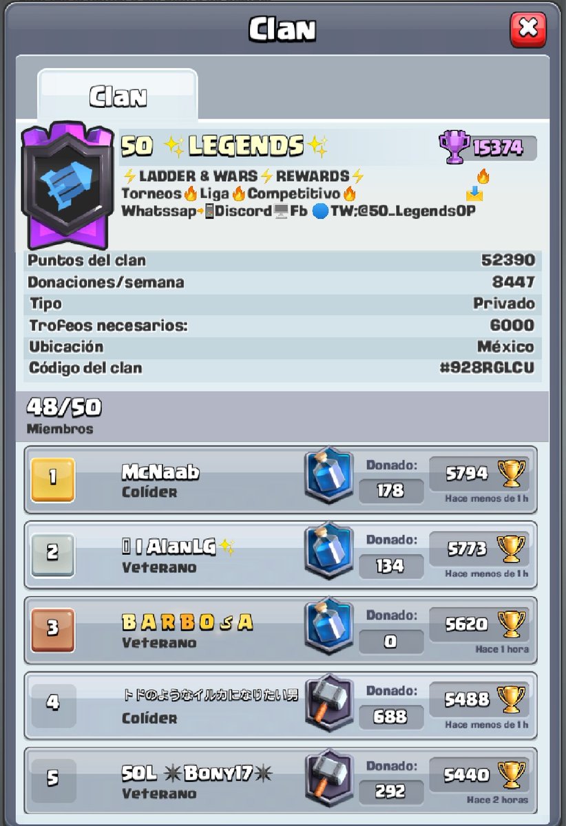 50✨LEGENDS✨presenta los premios LADDER💰 de AGOSTO🎉

🥇$250🇲🇽 🥈$150 🥉$100
Además 3 torneos al mes: 🥇Pass Royal a cada ganador 

¿Te interesa entrar al clan para poder participar en los torneos y luchar por los premios?

Solo tienes que dar RT🔄 y mandar MD para mayor inf.
