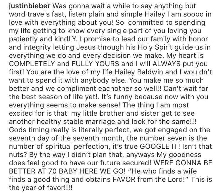 9 de julio 2018: Justin le declara su amor a Hails y confirman su compromiso