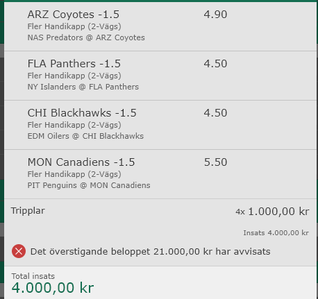 PlussetORG's tweet photo. Bet365 nekade just över 90% av insatsen och lät en spela 1k på ett -100k konto på NHL systemtrippel. Vad säger det? Löser på fler konton men ändå seriöst.. nu får man ge sig. Här är lineupen. ****S kan vara värsta jag sett "bra" alltså på länge men alltid när jag så, så... https://t.co/zAFKTDxvnc