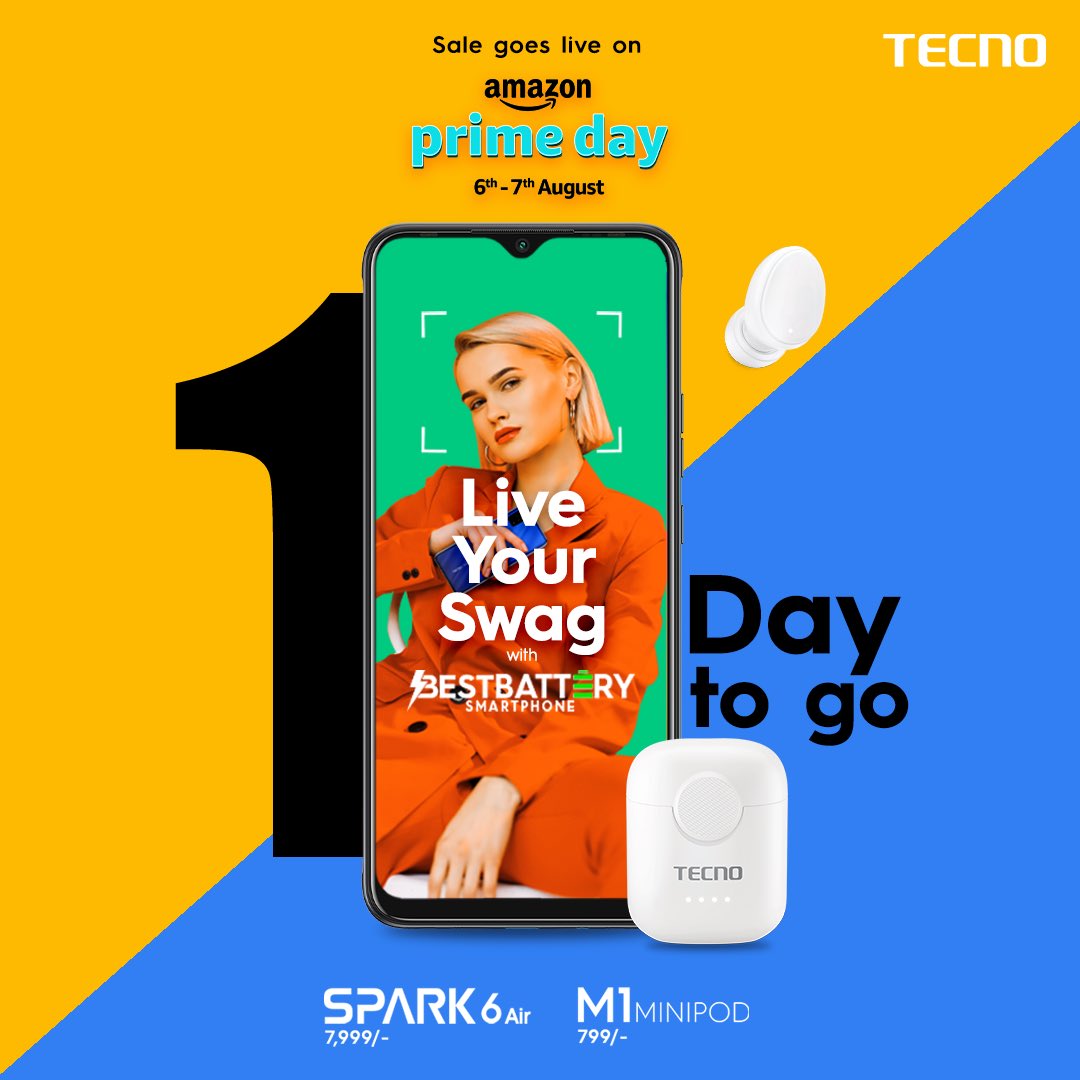 TecnoMobileInd's tweet photo. Get Ready! Amazon Prime day sale goes live in 12 hrs for Spark 6 Air and M1 Minipod - your way to style up your swag!
Check out our sale: https://t.co/35d1BnuQhc
Don't miss it!
#SparkLagega #TecnoIndia #TECNOMobile #Sale #Spark6Air #BestBattery #M1 #Minipods #AmazonPrimeday https://t.co/t6rGw2BqG2