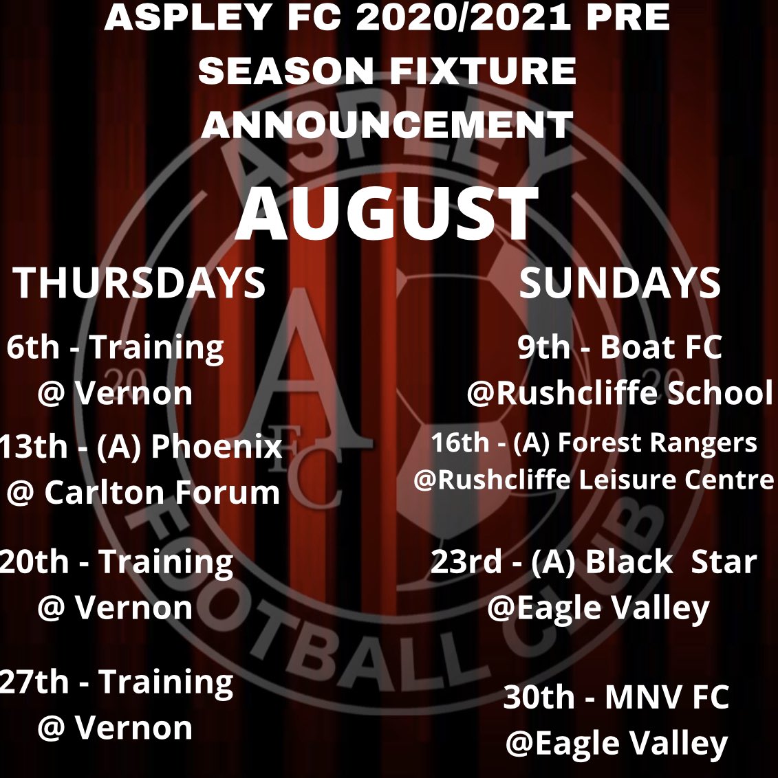 Aspley FC are now fully booked up for pre season prior to our first league game on the 6th September.Anyone interested in getting involved with training feel free to drop our page a message or get in touch with our management team directly Mitchell Coultas &amp; Rich Wynne #AspleyFC