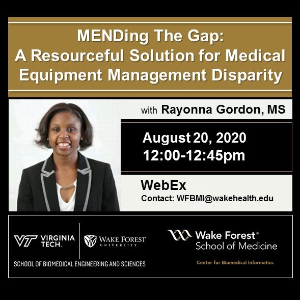 We are so excited to host <a href="/WakeBME/">Wake Forest Biomedical Engineering</a> grad Rayonna Gordon as our next #LHS series speaker! Join us to learn how Rayonna led a #globalhealth research project creating medical devices for resource-limited facilities in developing countries. 
<a href="/WFCTSI/">Wake Forest CTSI</a> <a href="/wakeforestmed/">Wake Forest University School of Medicine</a> <a href="/jstitzel/">joel stitzel</a>