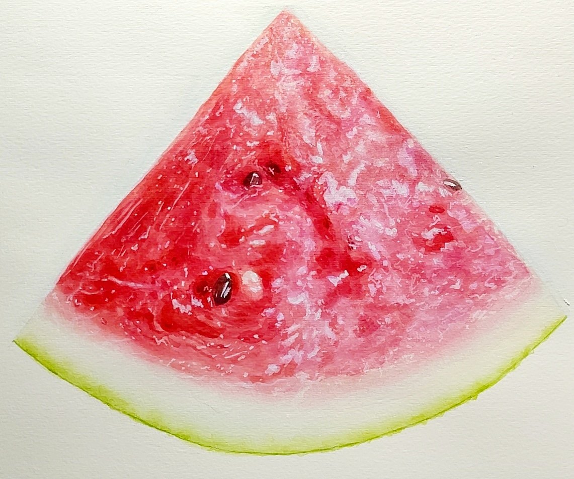 手塚新 アクリル 暑いし スイカでも 細密画にチャレンジしようとしたけど 飽き性なので無理でした 笑 細かいペン画とか描ける人の集中力は凄いと思う もちろん 技術も凄い がんばらねばーぎぶあっぷ 水彩 水彩画 水彩イラスト 食べ物