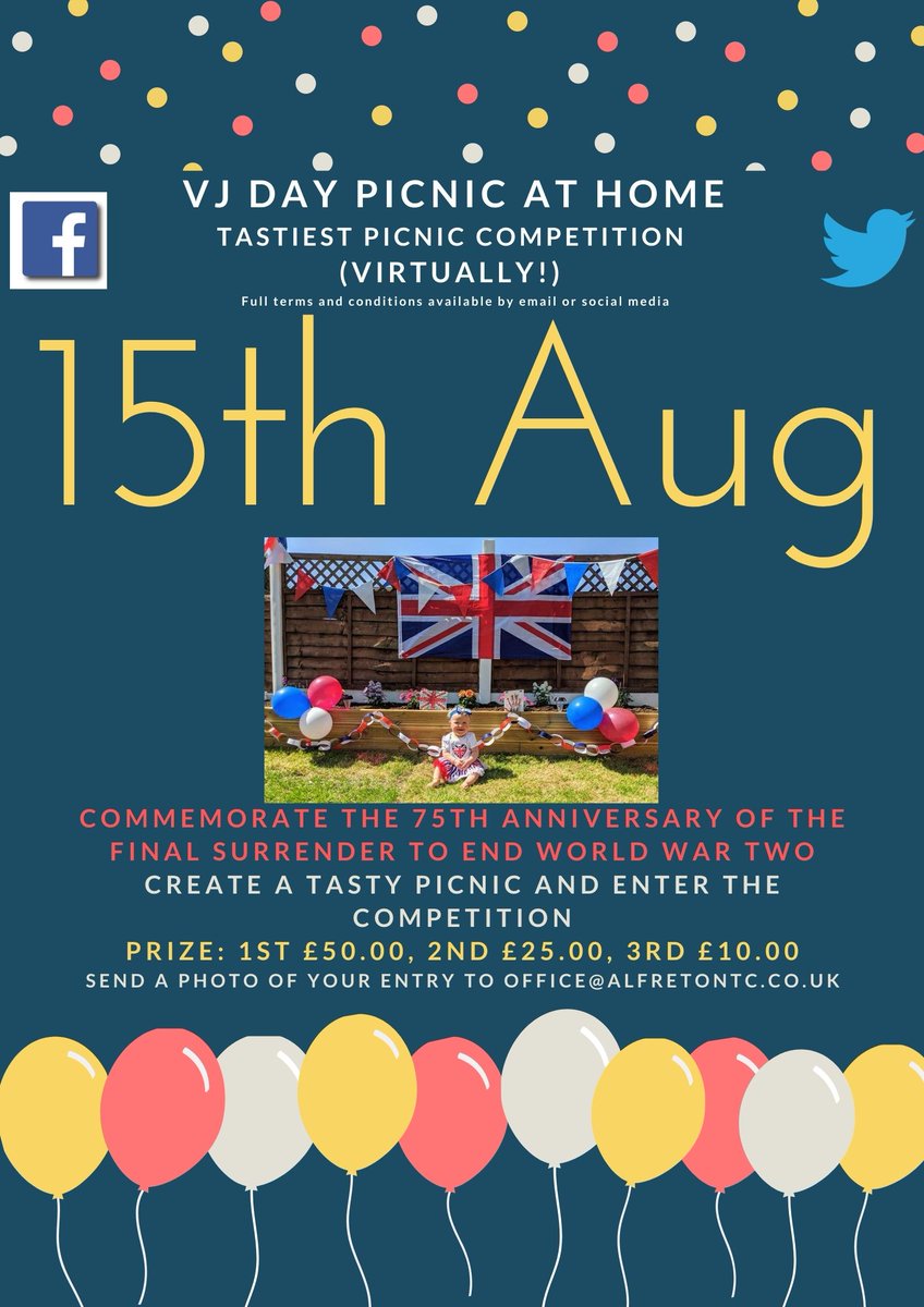 #CompetitionTime
#VJDAY #PICNICATHOME

Follow Public Health England Guidelines &amp; enjoy a safe picnic.
Only residents of Alfreton Town can enter, no businesses.
Picture submitted by 23.59pm on Sunday 16th August 2020. email to office@alfretontc.co.uk