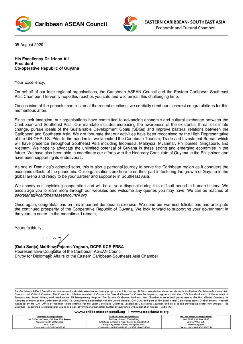 The Caribbean ASEAN Council and the Eastern Caribbean-Southeast Asia Chamber congratulates H.E. Dr. Irfaan Ali, President of Guyana, and the other members of the new Guyanese government for successfully winning the recent elections. @PPPCIVIC_Guyana @mfaguyana @DrMohamedIrfaa1