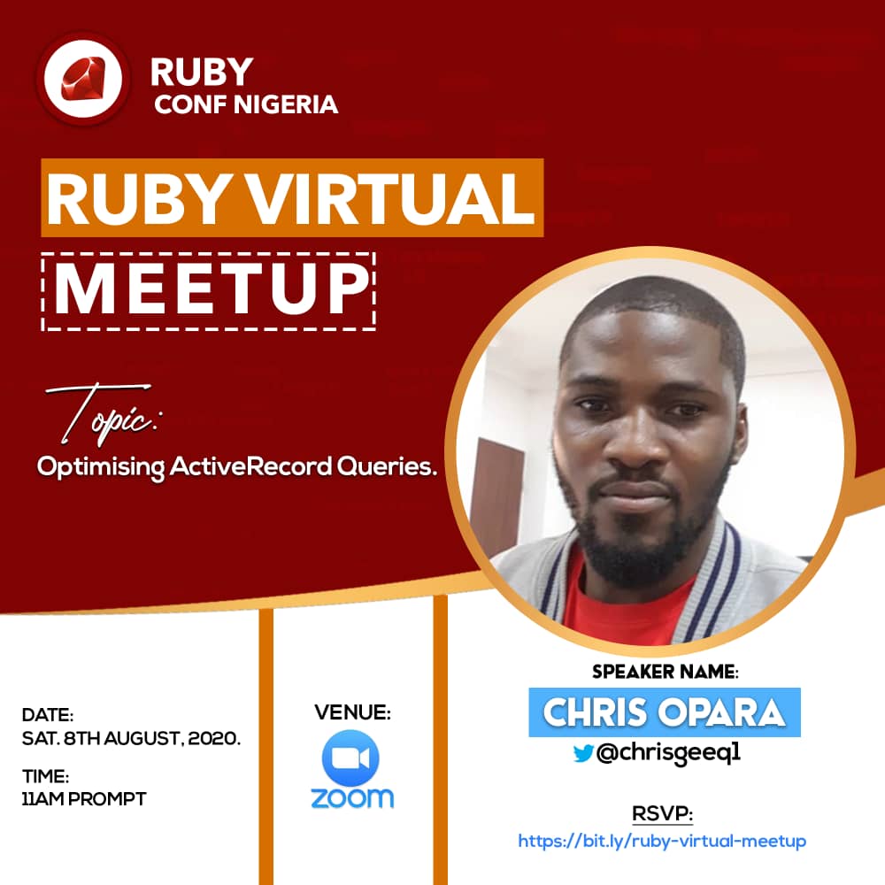 rubyconf_ng's tweet image. Speaker highlights for the #Ruby Virtual #Meetup this Saturday, 8th of August, 2020 🔥🔥🔥

@chrisgeeq1, a vibrant @Rails developer with vast experience in software development &amp;amp; optimization. He has a strong knack for writing code that scales.

RSVP here: bit.ly/ruby-virtual-m…