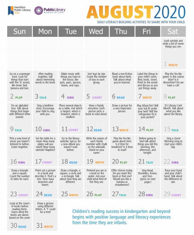 HamiltonLibrary's tweet photo. August is here. 
Keep kids of all ages busy everyday this month with activities. 
https://t.co/o6OU89bVC1
https://t.co/gYbjCTRlSL
Send us a photo of your creations using fun supplies at home. 
https://t.co/mvmLk4NASW
#HamOnt #HPLmakesomething #kids #families @TDSRC_CLETD https://t.co/FPrSkLGw4r